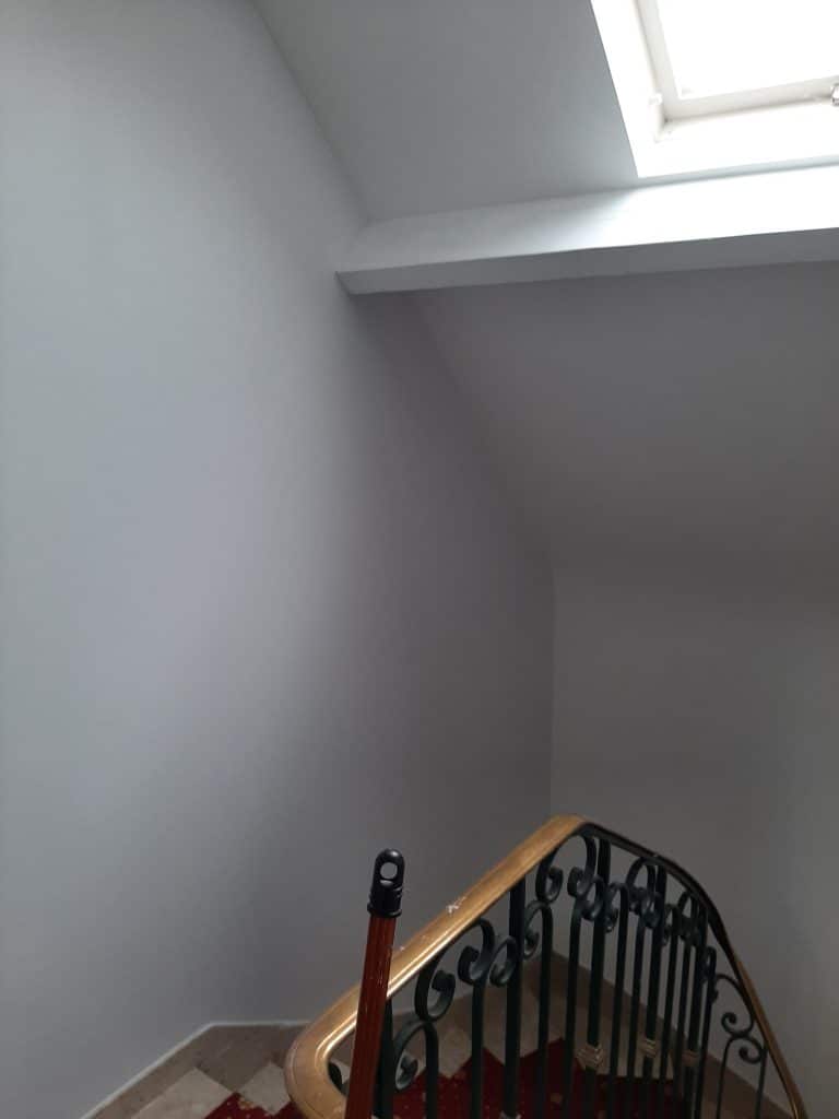 Escalier lumineux aux murs gris, rampe en fer forgé avec main courante en bois. Tapis rouge sur les marches et fenêtre de toit.