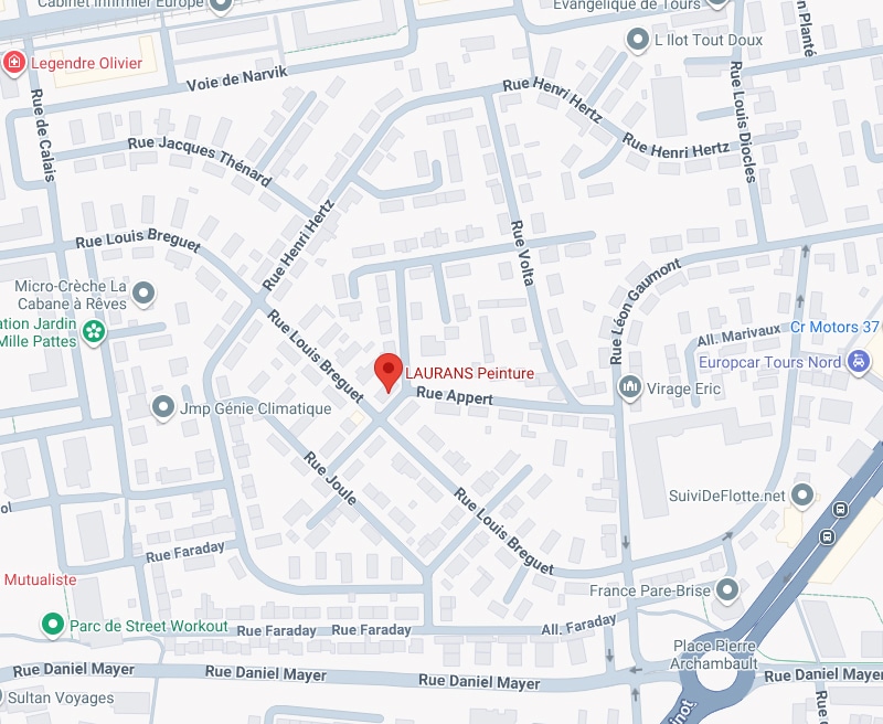 Plan de quartier avec LAURANS Peinture sur Rue Appert, entouré par Rue Louis Breguet, Rue Henri Hertz, Rue Volta et Rue Léon Gaumont, et divers commerces.