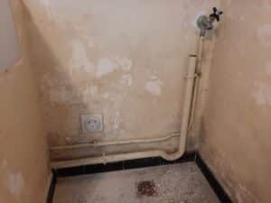 Coin de pièce utilitaire dégradé: murs écaillés, prise électrique, robinet, tuyauterie et drain au sol. Sensation de négligence et humidité.